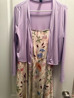 SHEIN Floral Midi dress and Lavender ribbed light cardigan set. (Size OXL)